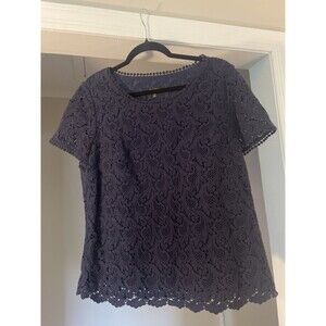 TALBOTS Navy Blue 100% Cotton Lace Overlay Short Sleeve Blouse Boho Top Size 10